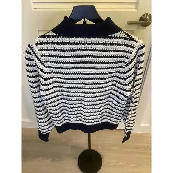 & other stories Navy White Silver Lurex Striped Knit Polo Long Sleeve Sweater S - Picture 3 of 6